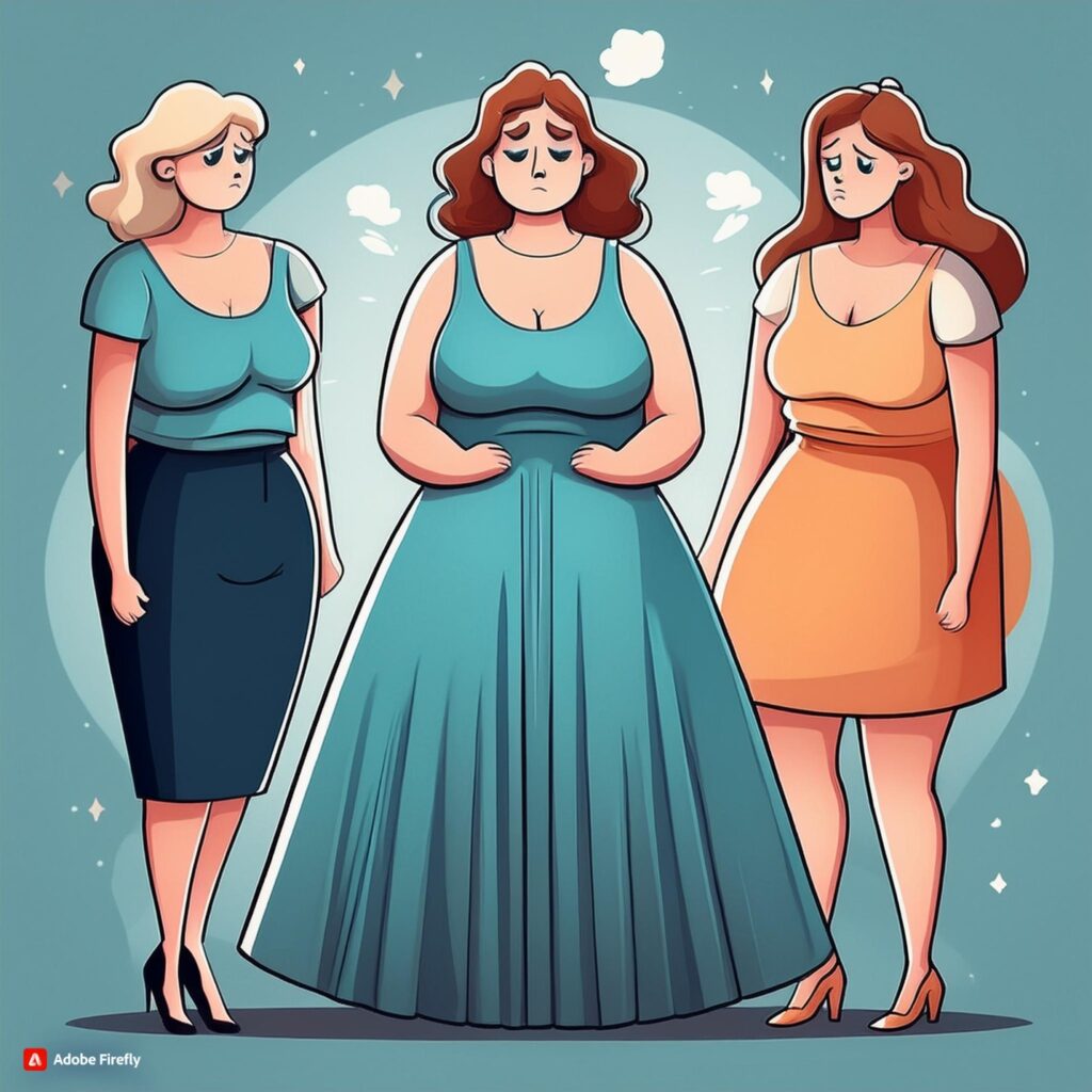 Three women in elegant dresses pose together, showcasing their stylish outfits and vibrant colors in a cheerful setting.