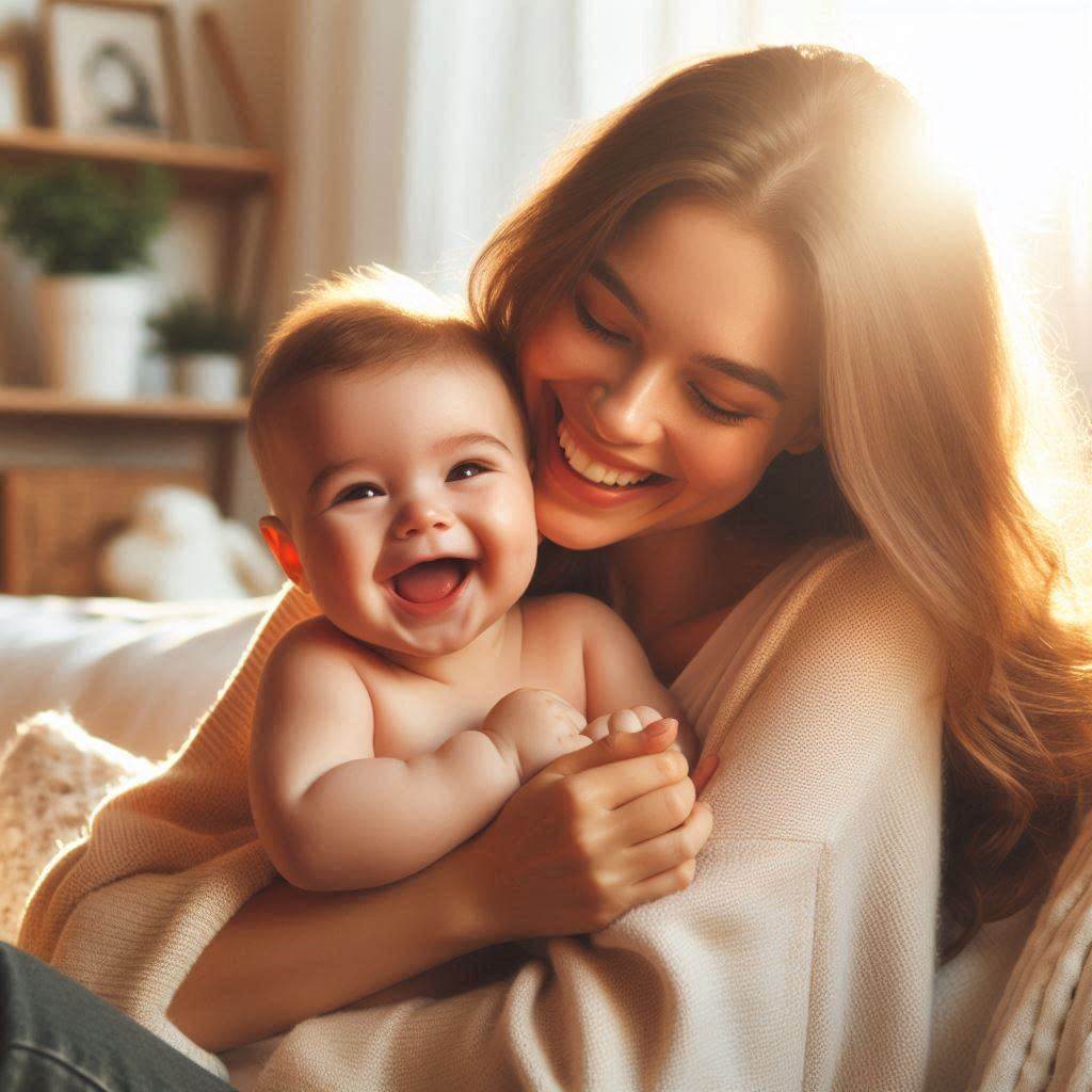 A woman smiles warmly while holding a baby in her arms, radiating joy and affection.