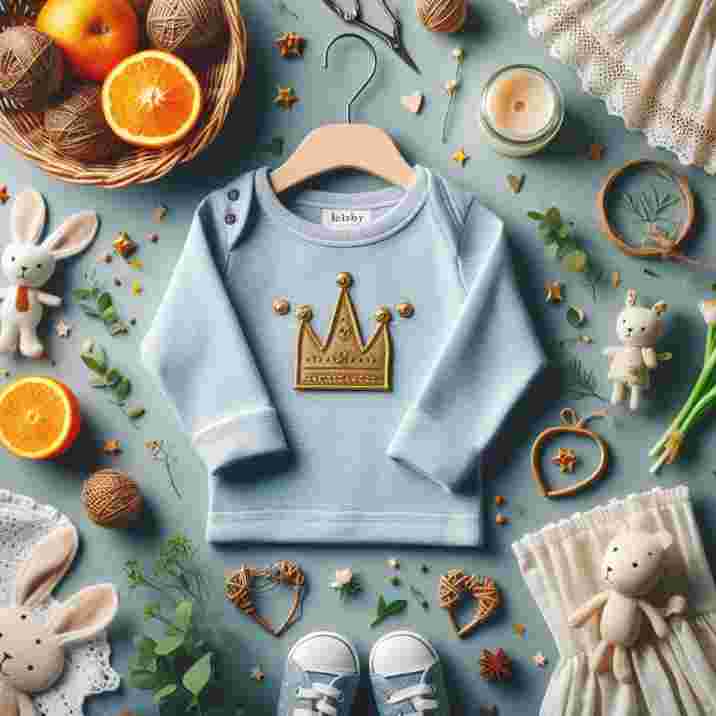 A baby's outfit adorned with a crown, surrounded by oranges, carrots, and various playful items.