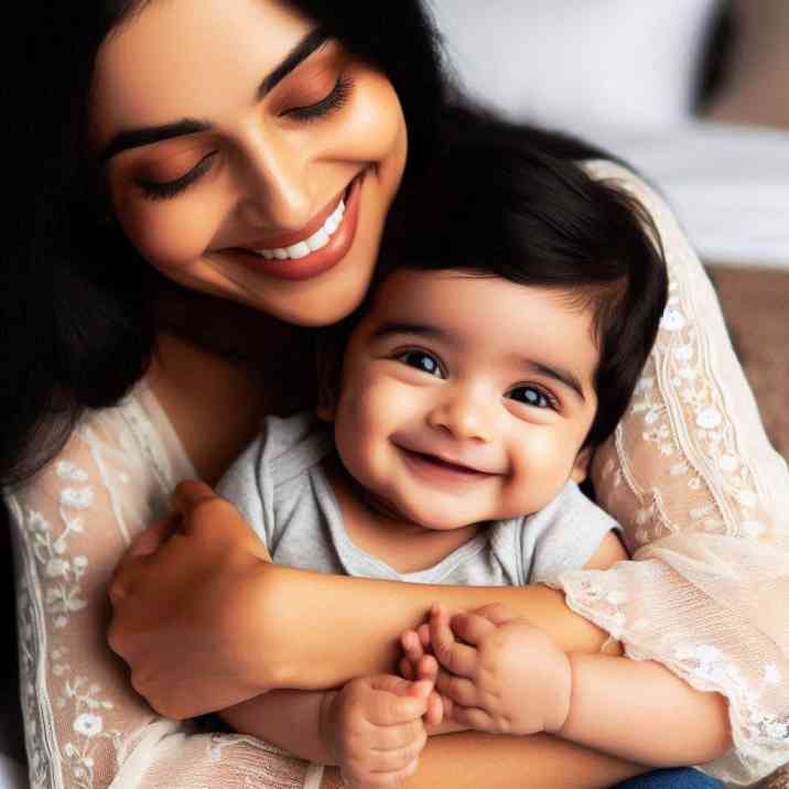 A woman smiles while holding a baby in her arms, radiating warmth and joy.