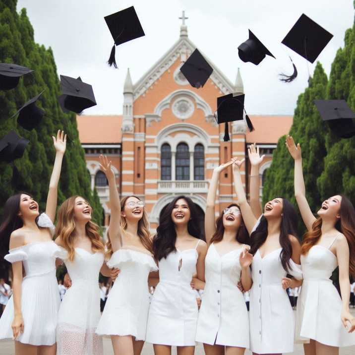 A group of women in white dresses and hats joyfully toss their caps into the air, celebrating a special occasion.