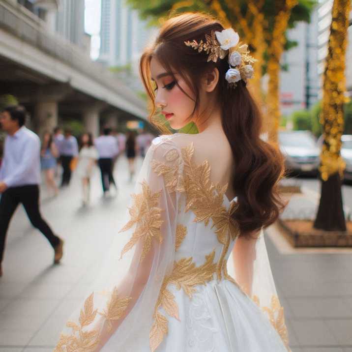 A woman in a wedding dress gracefully walks down the street, radiating joy and elegance on her special day.