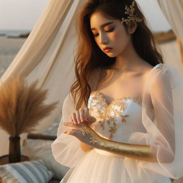 A woman in a wedding dress gracefully holds her hand, symbolizing love and commitment on her special day.