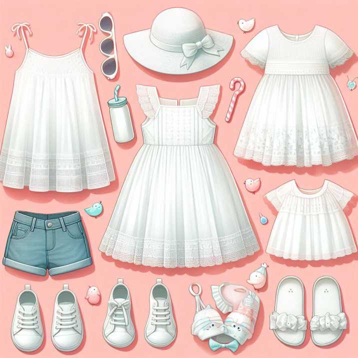 A collection of white clothing and accessories designed for a baby girl, showcasing softness and elegance.