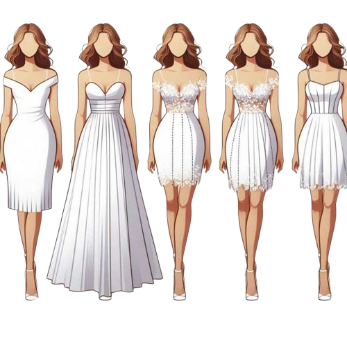 A collection of various wedding dresses illustrated in a beautiful drawing, showcasing diverse styles and designs.